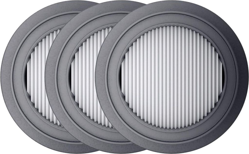 Three round filters with ribbed white interiors and gray frames are arranged in a row against a white background.