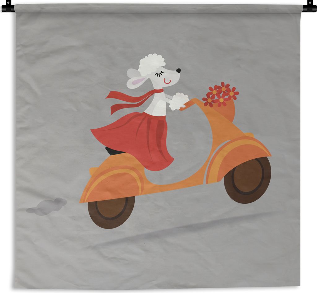 MuchoWow Wandteppich Wandbehang Illustration eines Hundes auf einer Vespa 150x150 cm Tapisserie Dekoration Wandtuch - Wohnaccessoires - Modernes