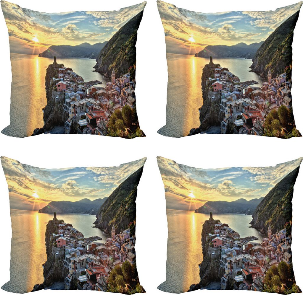 ABAKUHAUS Vernazza Kissenbezug Set (4 Stück), Sunrise View mit Cliffs, Moderner Doppelseitiger Digitaldruck, 40 cm x 40 cm, Mehrfarbig