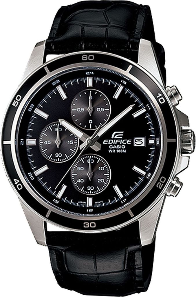 A close-up studio shot of a men's chronograph watch with a black dial and black leather strap.