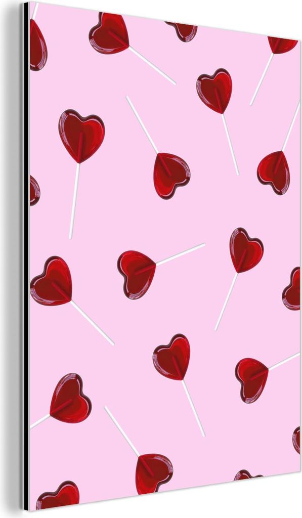 MuchoWow Wanddekoration Metall Metallbild Wandkunst 60x80 cm Rosa - Herz - Lutscher - Bonbon MuchoWow Aluminium Gemälde - Wanddekoration Metall