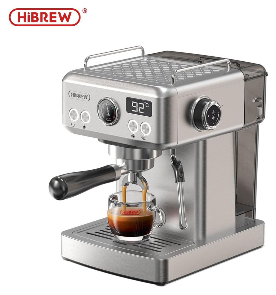 HiBREW H10A Halbautomatische Espressomaschine, 19 Bar, 58 mm Edelstahl-Siebträger, Thermoblock-Heizsystem, Temperatur einstellbar, Silber