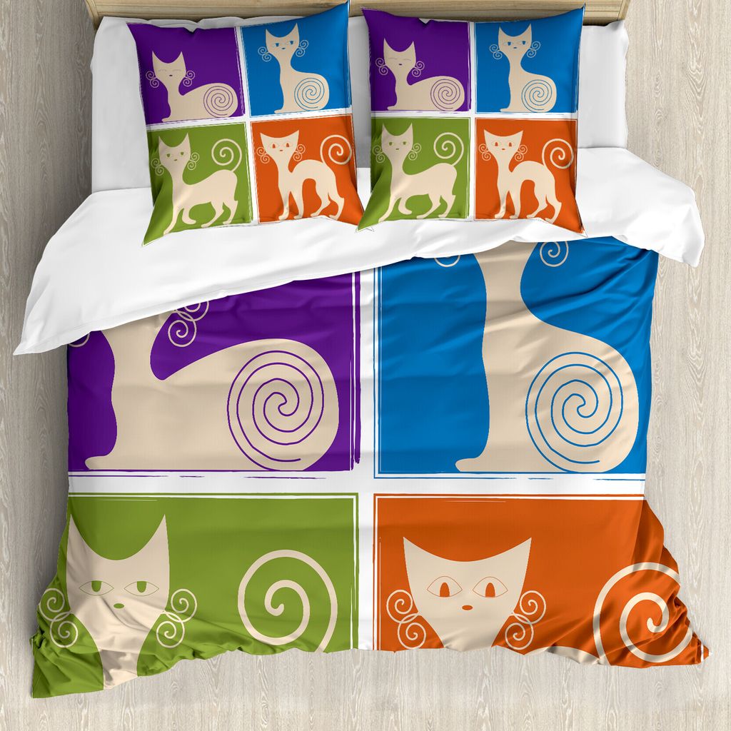 ABAKUHAUS Komisch Bettbezug, Emotions Cartoon Katzen, Milbensicher Allergiker geeignet mit Kissenbezügen, 155 cm x 220 cm - 80 x 80 cm, Lila Grün