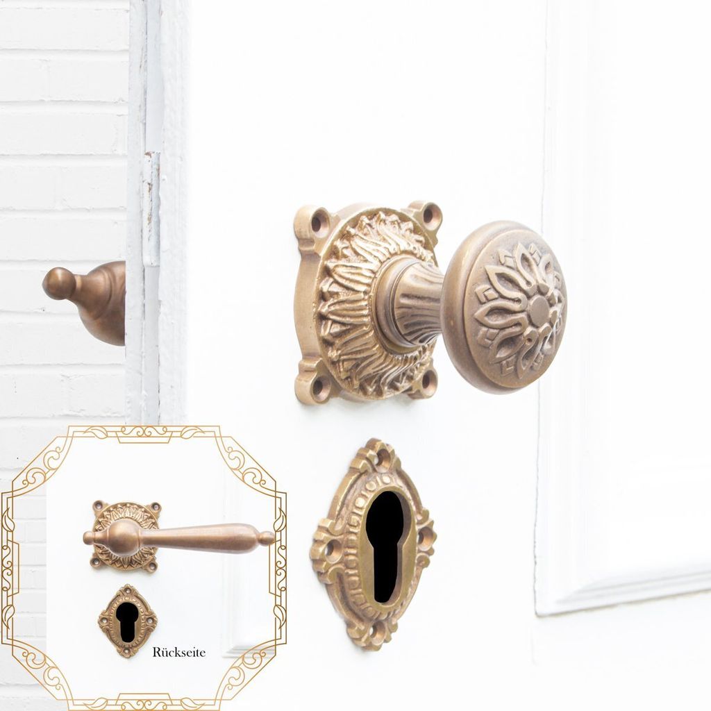 Türbeschlag mit Türklinke & Knauf für Haustüren | PZ | Messing patiniert