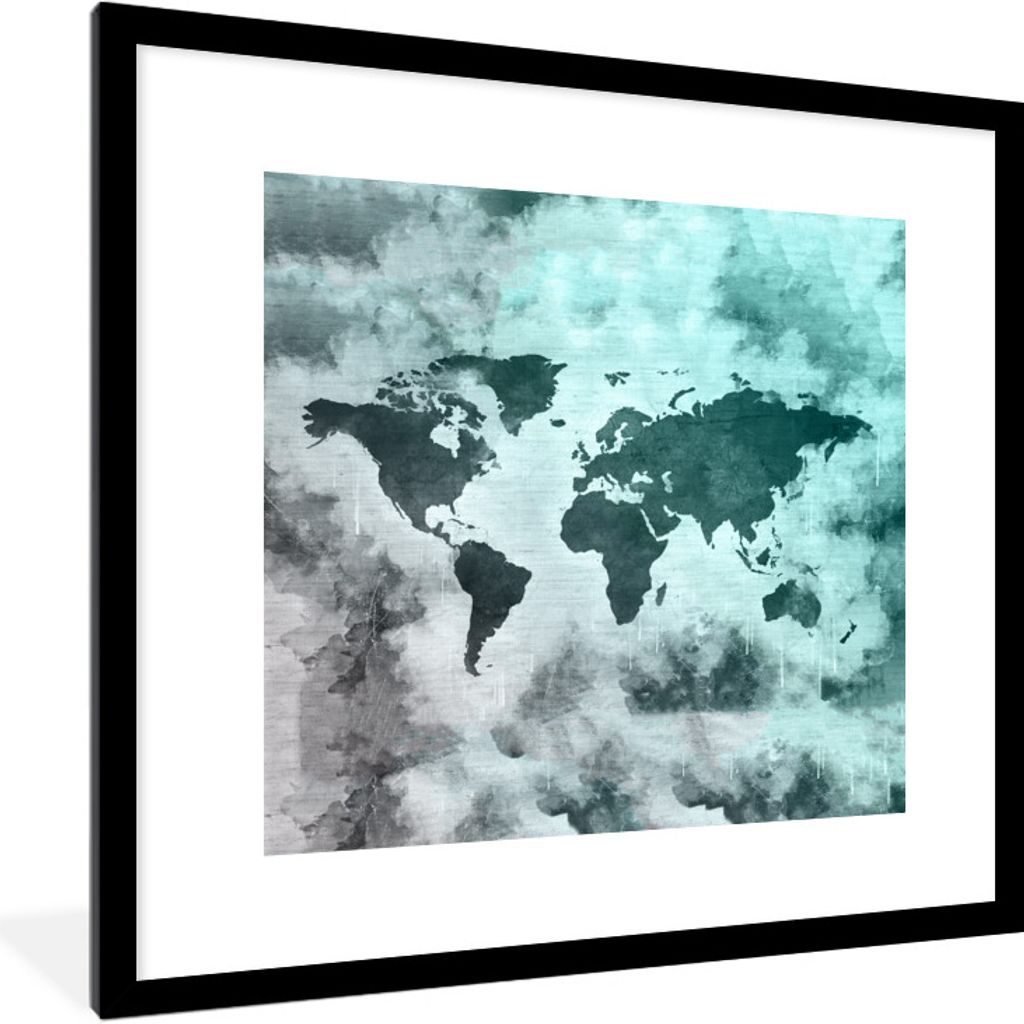 MuchoWow MuchoWow Gerahmtes Poster Weltkarte - Smoke - Grau 40x40 cm - Poster mit zchwarzem Bilderrahmen - Poster - Plakat im Rahmen