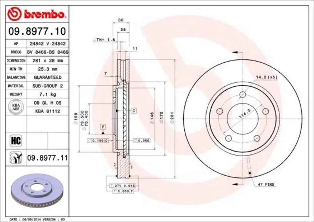 Disque de frein ventilé Brembo 09.8977.11 haute résistance Voyager
