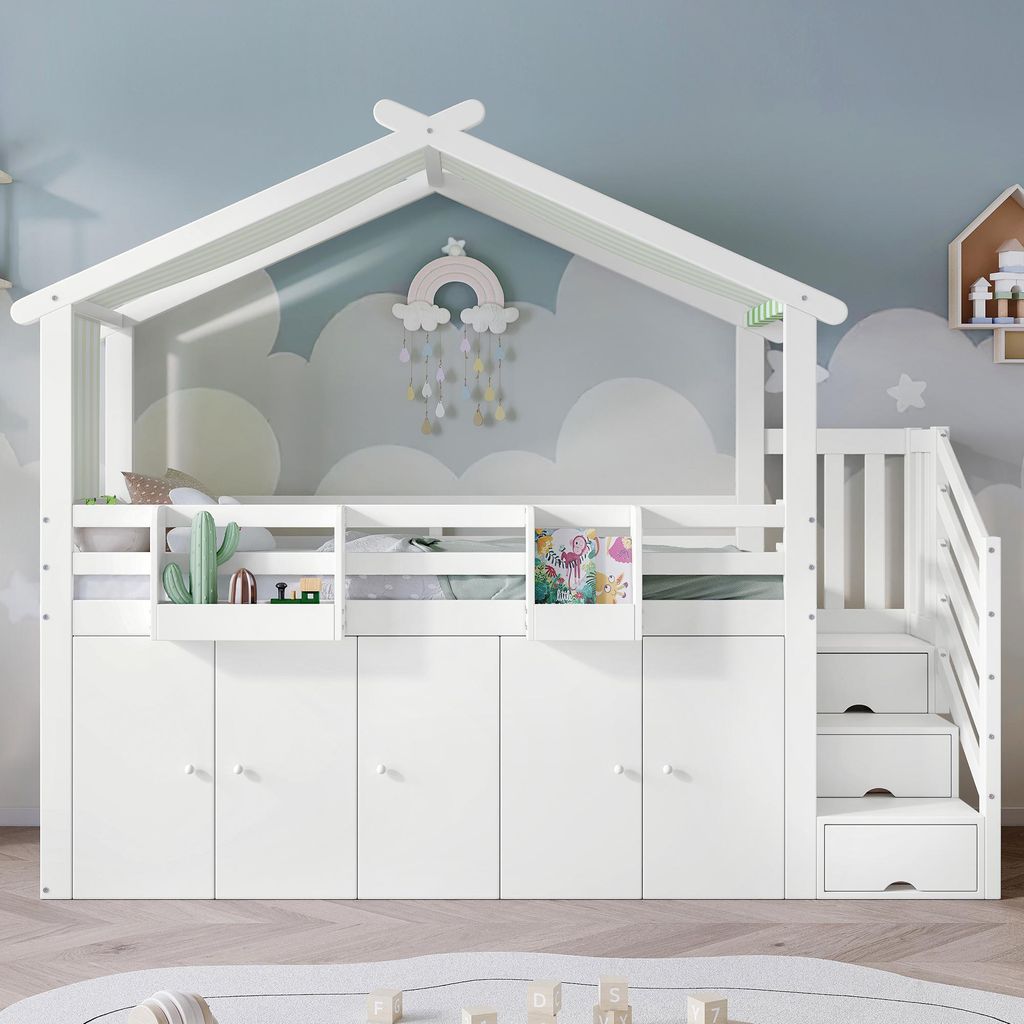 Sweiko Etagenbett, Kinderbett, mit Fallschutzgitter, 1 Kleiderschrank und 2 Schließfächer, mit 3 Schließfächer in der Treppe, gestreifter Stoff...