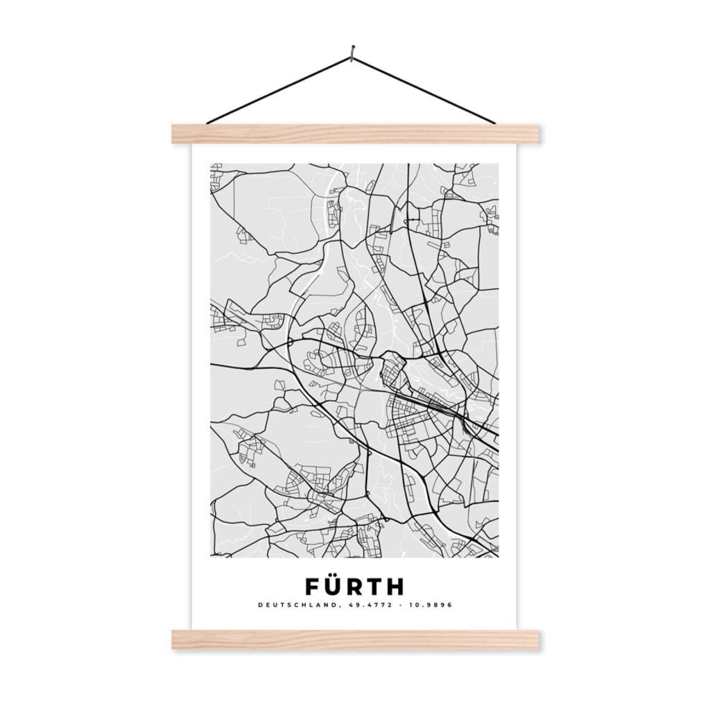 MuchoWow Textilposter Deutschland - Karte - Fürth - Stadtplan 60x90 cm mit holzfarbenen Rahmen - Textil