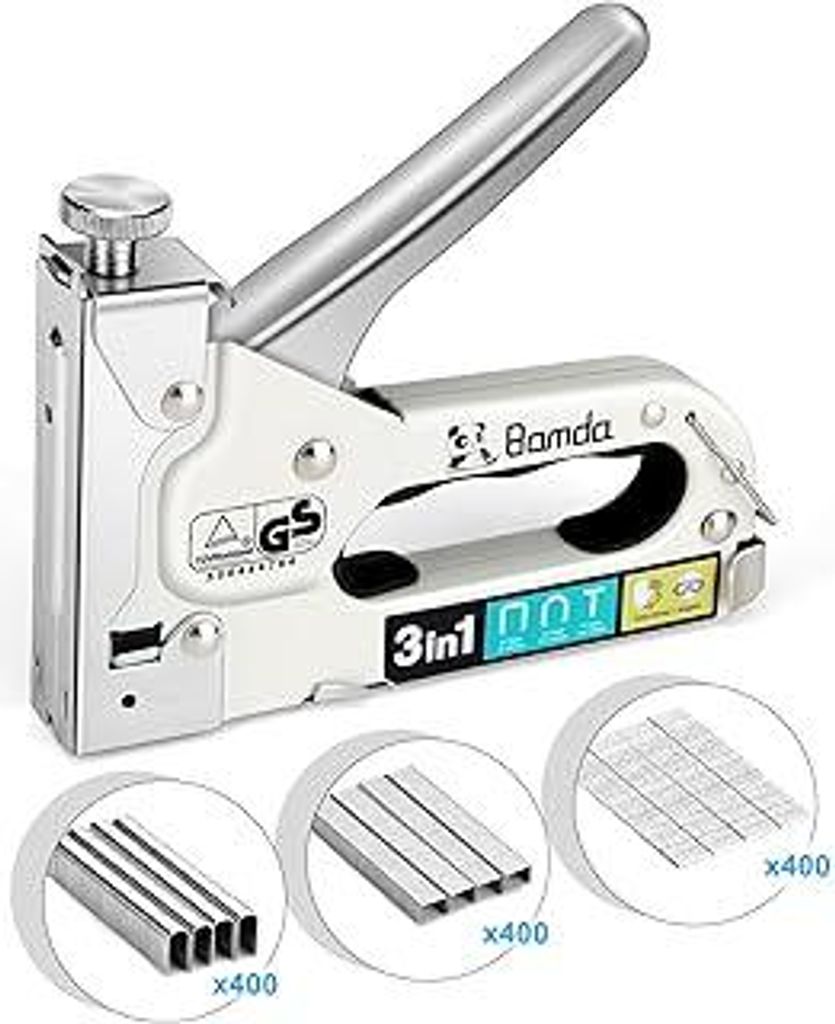Bamda Handtacker, 3 In 1 Robuster Leistungsstarker Holztacker mit 1200 Klammern, Tackerpistole für Holz, Tischlerei, Dekoration, Kabelbefestigung