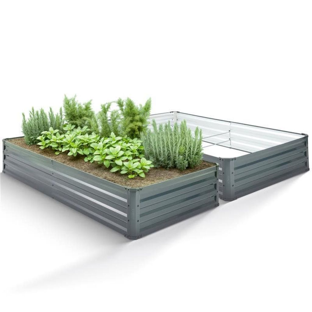 Two metal raised garden beds, one planted with herbs and the other empty, are shown against a white background.