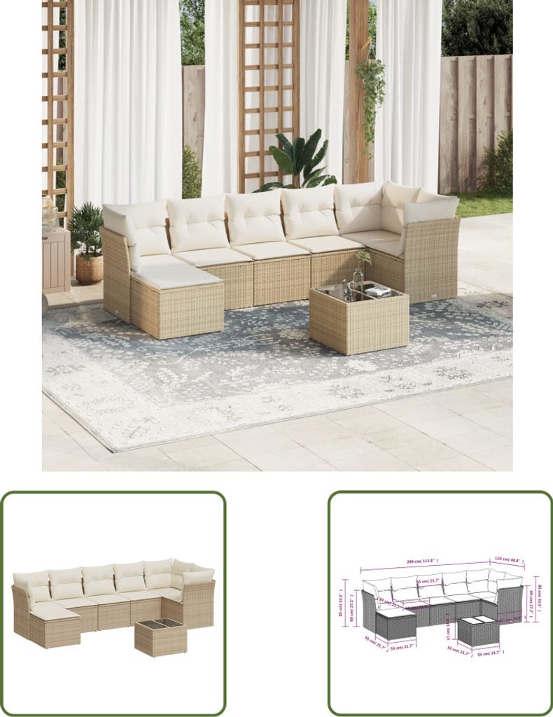 The Living Store 8-tlg. Garten-Sofagarnitur mit Kissen Beige Poly Rattan