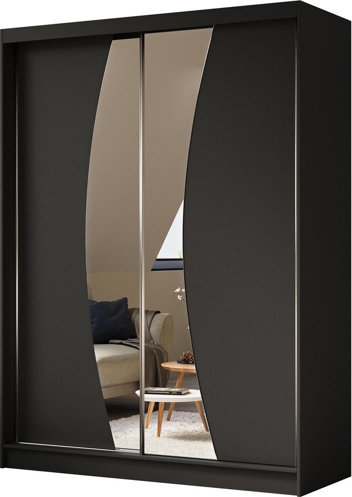 Schwebetürenschrank VOX 160 cm – Kleiderschrank mit Spiegel & Schiebetüren (Schwarz)
