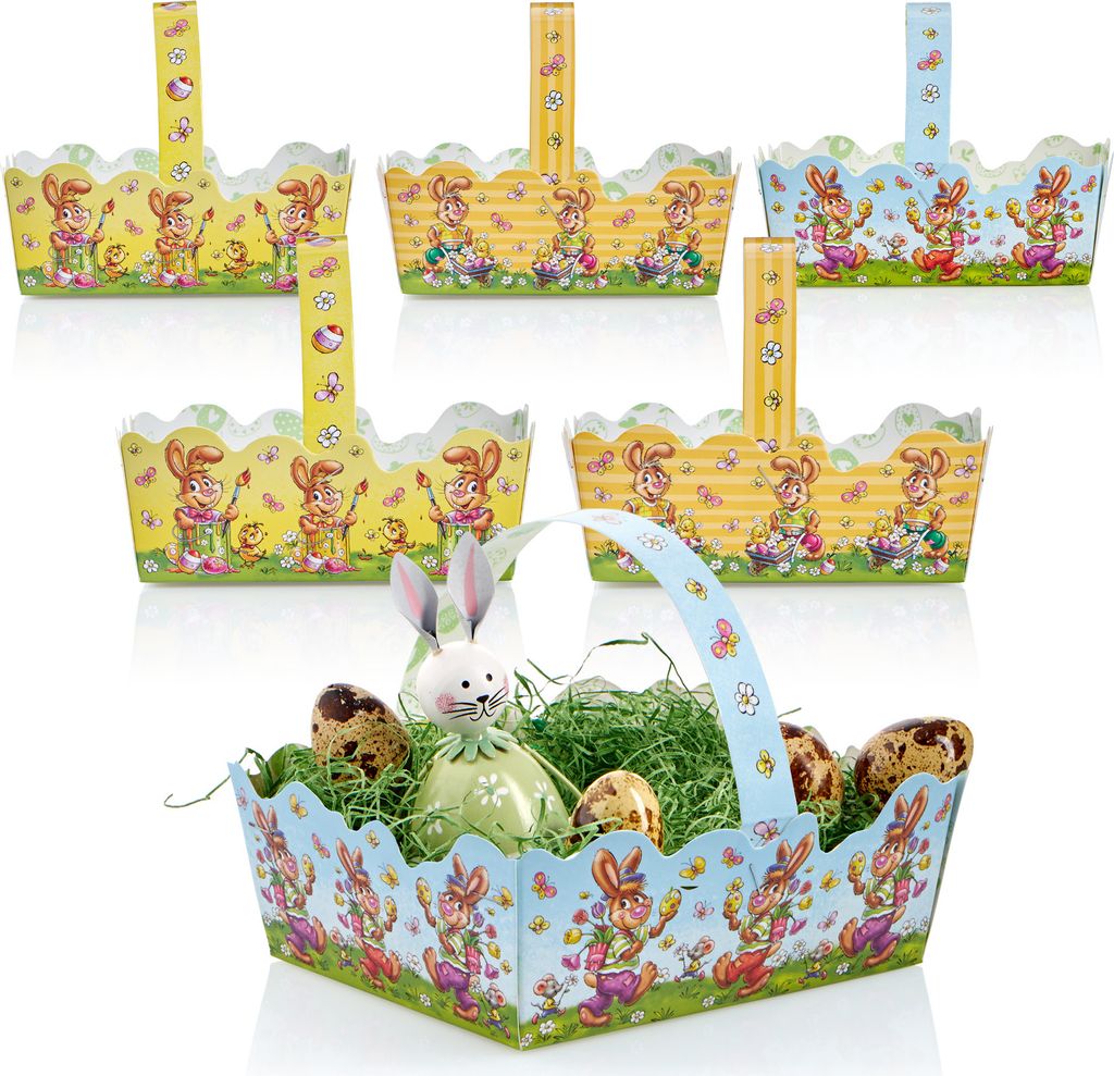 com-four 6x Osterkorb mit Motiv - Pappkörbchen zum befüllen - Osternest für Geschenke und Ostereier - Geschenktasche aus Pappe mit Tragegriff