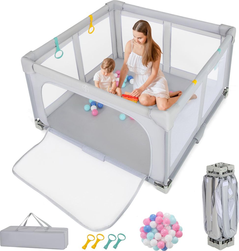 COSTWAY 127x127 cm Laufstall Baby faltbar, Laufgitter mit 50 Bälle, 4 Griff, Reißverschlusstor, atmungsaktivem Netz & TragetascheKrabbelgitter, K...