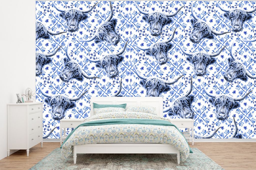 MuchoWow Fototapete für Wohnzimmer oder Schlafzimmer Wandtapete Vinyl Motivtapete Delfter Blau - Schottischer Highlander - Tiere - 375x280 cm - ...