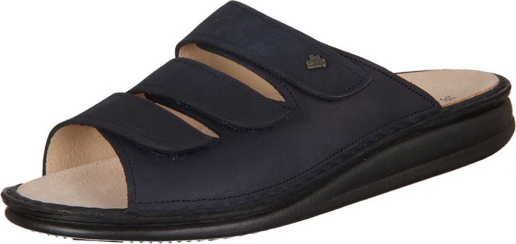 A navy blue sandal with three adjustable straps.