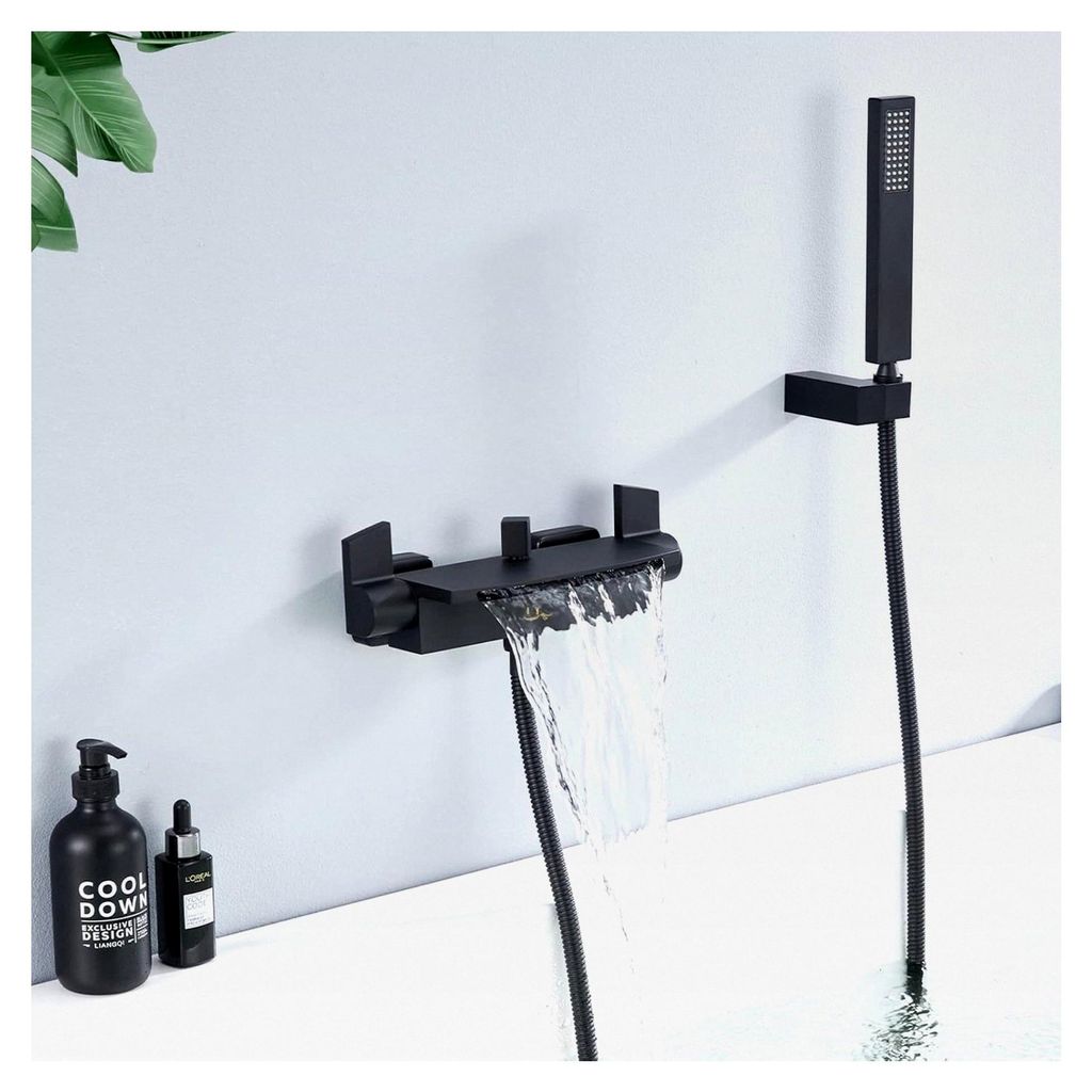 Schwarze Badewannenarmatur mit Handbrause und Wasserfallauslass, Mischbatterie für die Badewanne, mit großer Duschablage, 360° einstellbare Brause