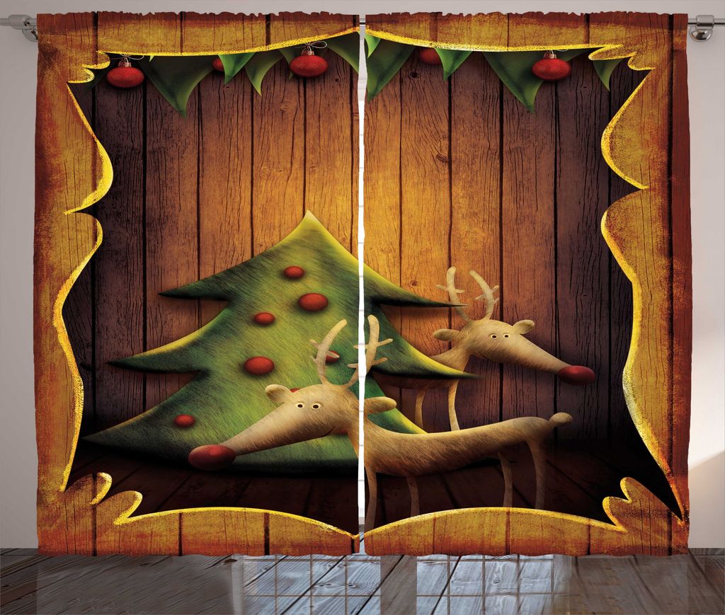 ABAKUHAUS Weihnachten Rustikaler Gardine, Deers Baum Holzrahmen, Schlafzimmer Kräuselband Vorhang mit Schlaufen und Haken, 280 x 225 cm, Braun Gr...