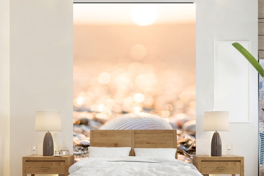 MuchoWow Fototapete für Wohnzimmer oder Schlafzimmer Wandtapete Vinyl Motivtapete Muscheln - Weiß - Strand - Sommer - 200x300 cm - Wanddekorati...