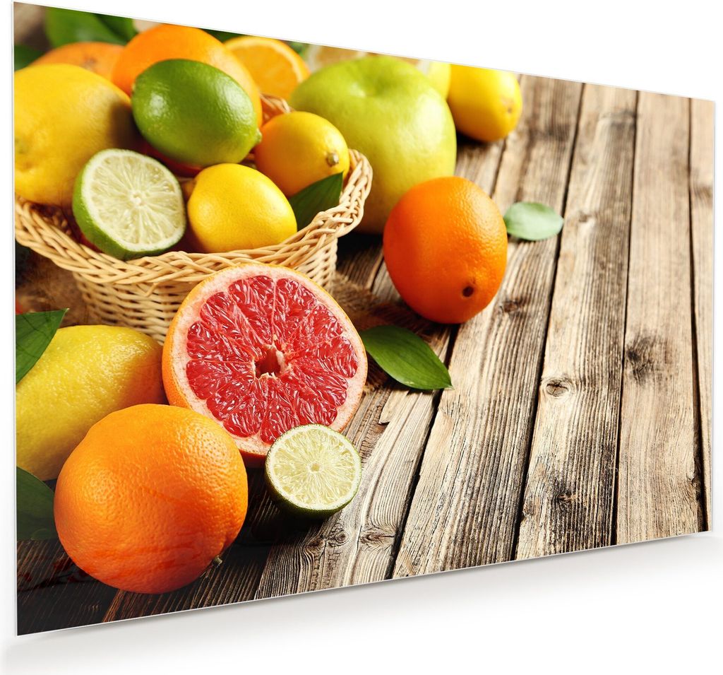 Glasbild Wandbild Zitrusfrüchte auf Holztisch 75x50cm in XXL für Wohnzimmer, Schlafzimmer, Badezimmer, Flur