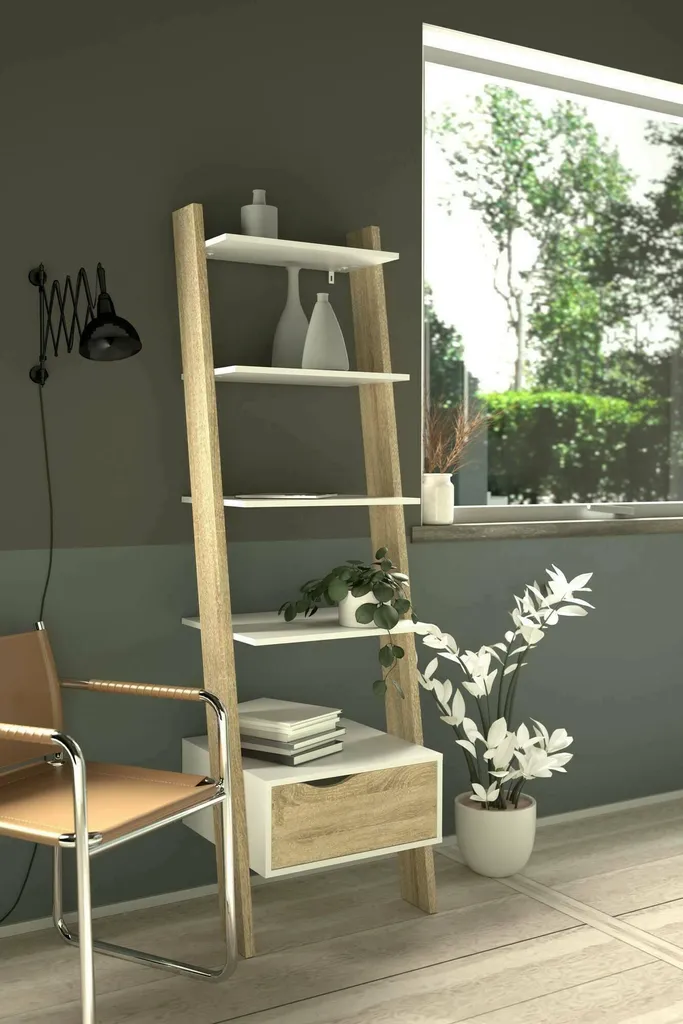 Meuble Bibliothèque Design Scandinave Blanc et Chêne avec Tiroir H180 - 11