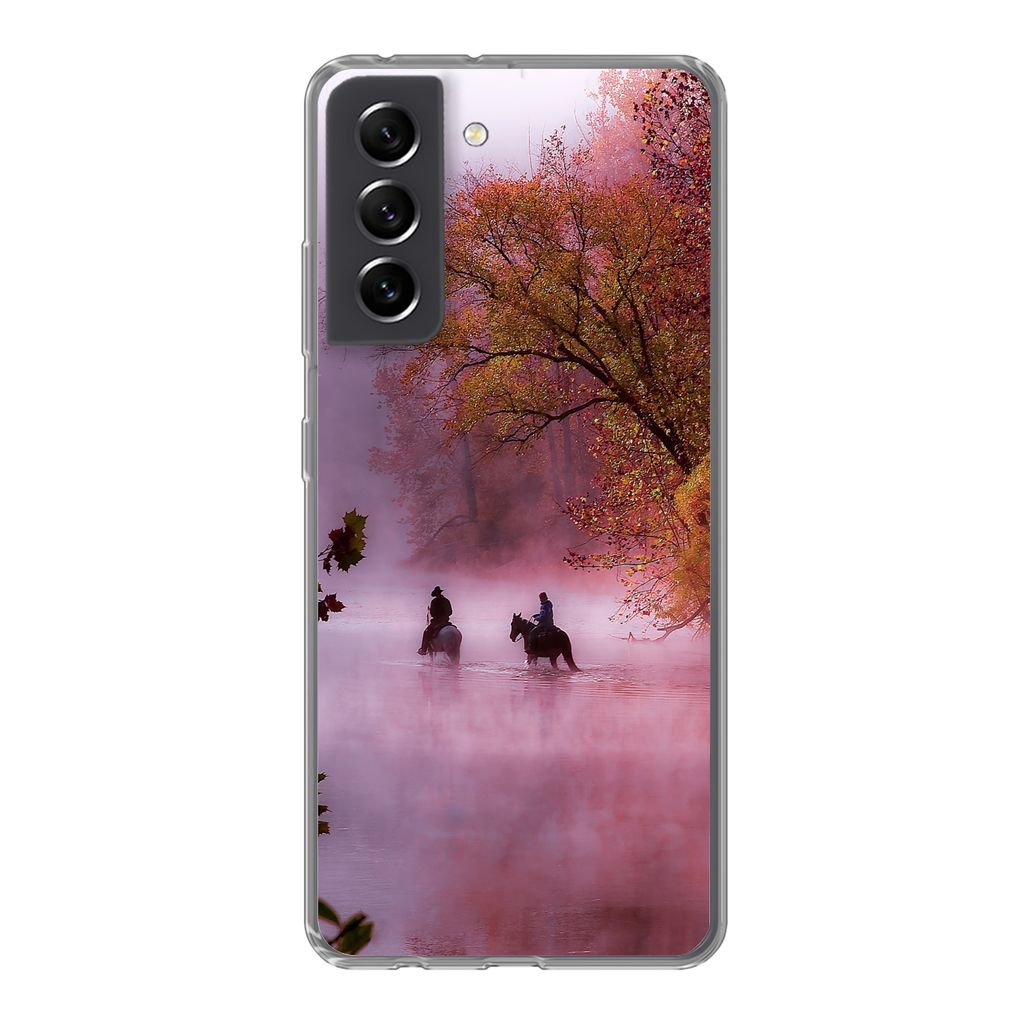 MuchoWow Handyhülle Schutzhülle Hülle für Samsung Galaxy S21 FE Pferde - Nebel - Wald Silikon Softcase Handy Hülle - Mobiltelefonhülle