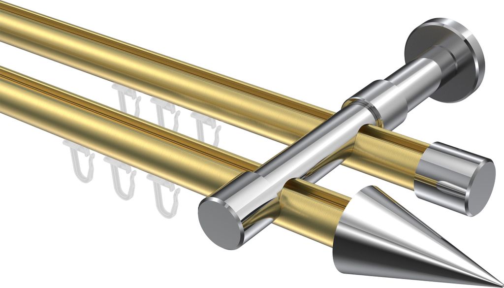 Interdeco Innenlaufstange / Gardinenstange mit Innenlauf Messing-Optik / Chrom, Typ Prestige Savio (Kegel), 20 mm Ø 2-läufig, 180 cm