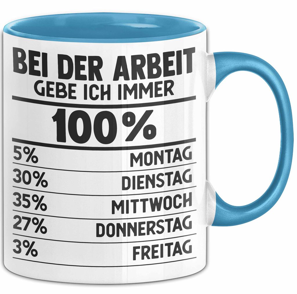 Kollegen Tasse Geschenk Bei Der Arbeit Gebe Ich Immer 100 Prozent Montag Dienstag Kaffee-Becher (Blau)