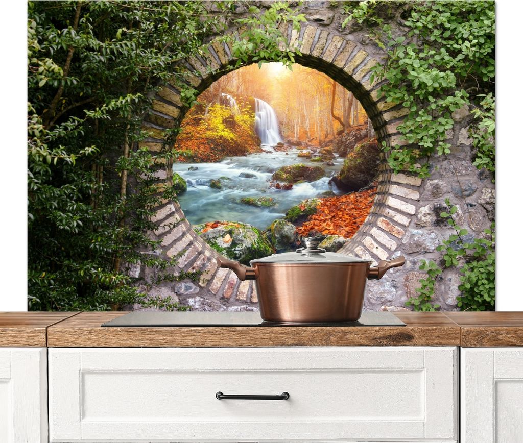 KitchenYeah Spritzschutz Küche - Küchenrückwand - Wandschutz für Herd und Spüle - Herbst - Wasserfall - Natur - Aussicht 120x80 - Alu-Dibon...