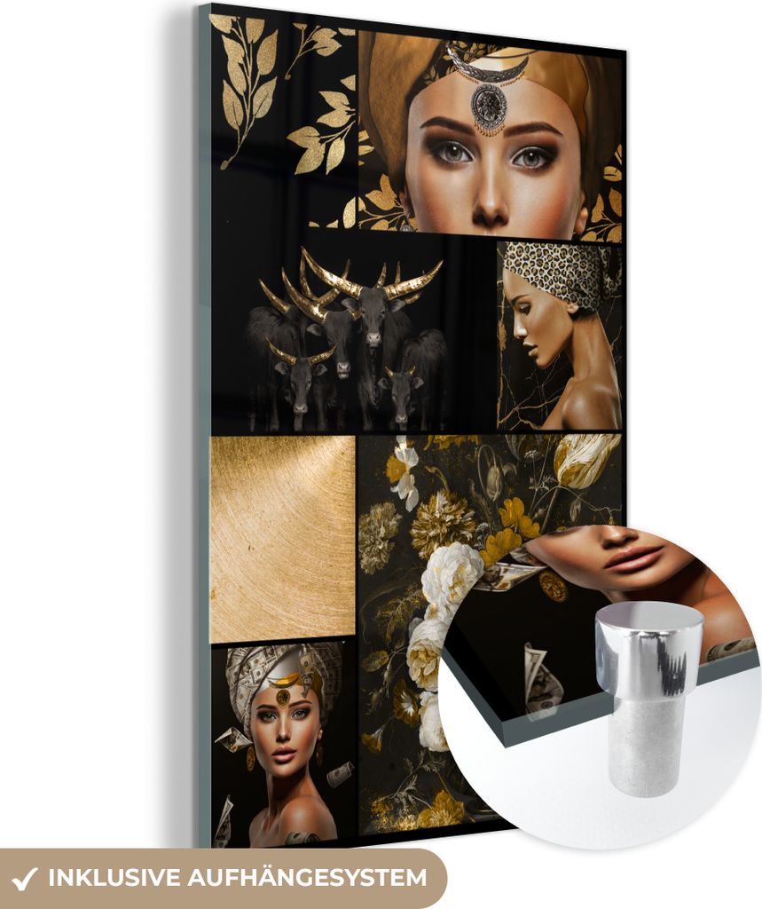 MuchoWow Glasbilder - Bilder auf Wandbild - Foto auf Glas Schwarz - Gold - Frauen - Glitter 40x60 cm Wanddekoration aus Glas - Acrylglasbild - Acry...