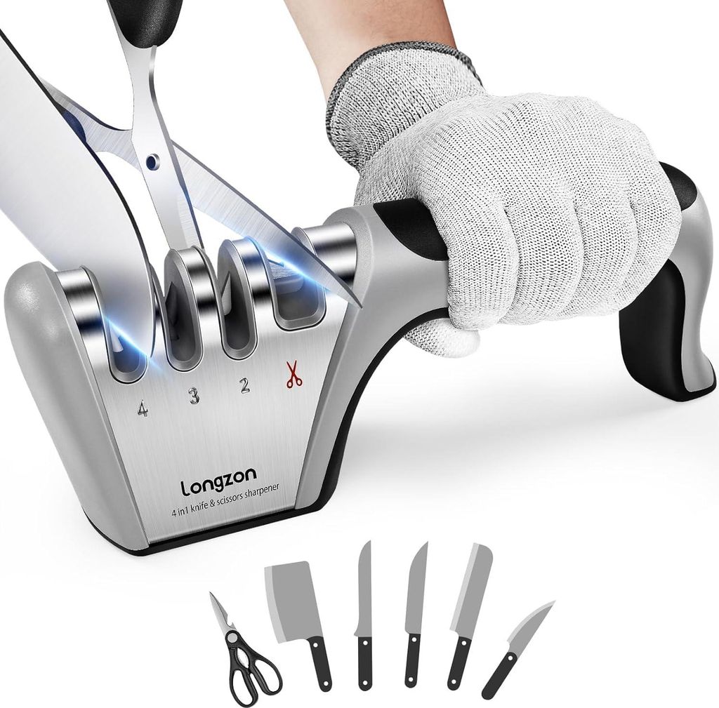 Professioneller Messerschärfer - 4 in 1 - Mit Anti-Schnitt-Handschuh - Für Küchenmesser und Scheren