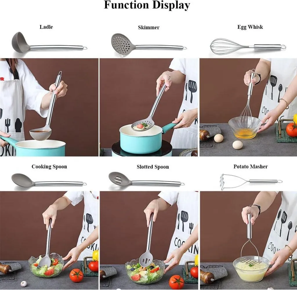 Accessori Cucina Silicone 38 Pezzi Manico Acciaio Inox con Supporto - 6