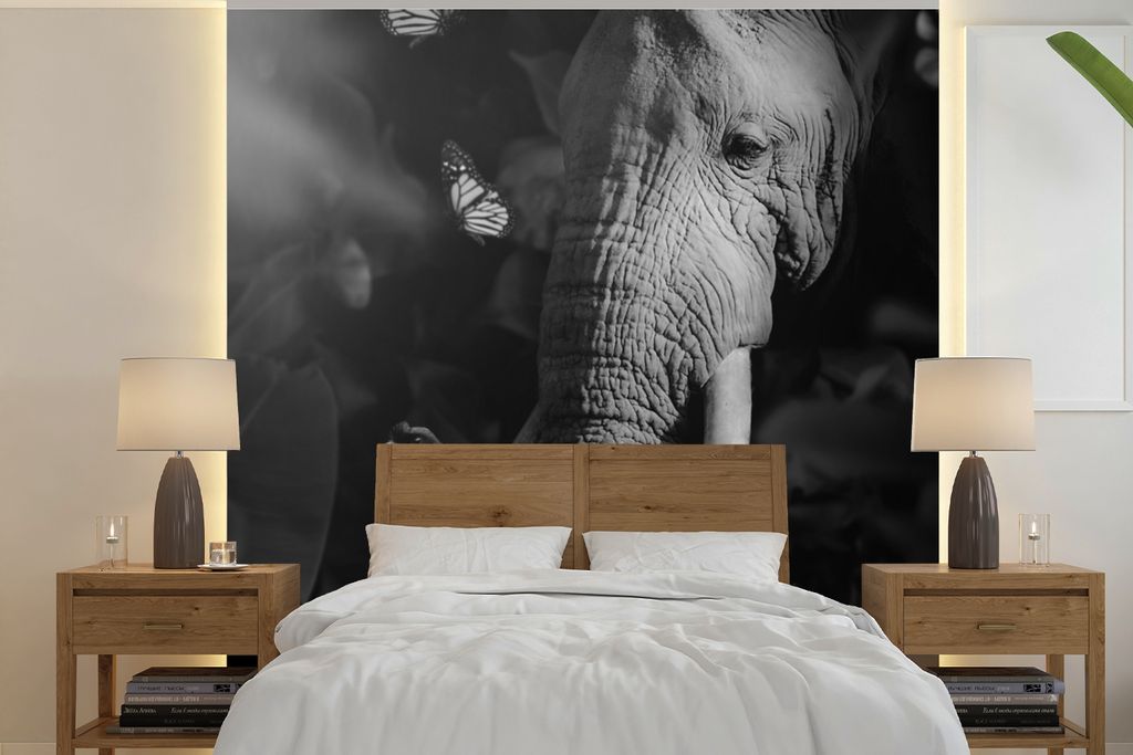 MuchoWow Fototapete für Wohnzimmer oder Schlafzimmer Wandtapete Vinyl Motivtapete Vogel - Elefant - Dschungel - Schwarz - Weiß - 260x260 cm - P...