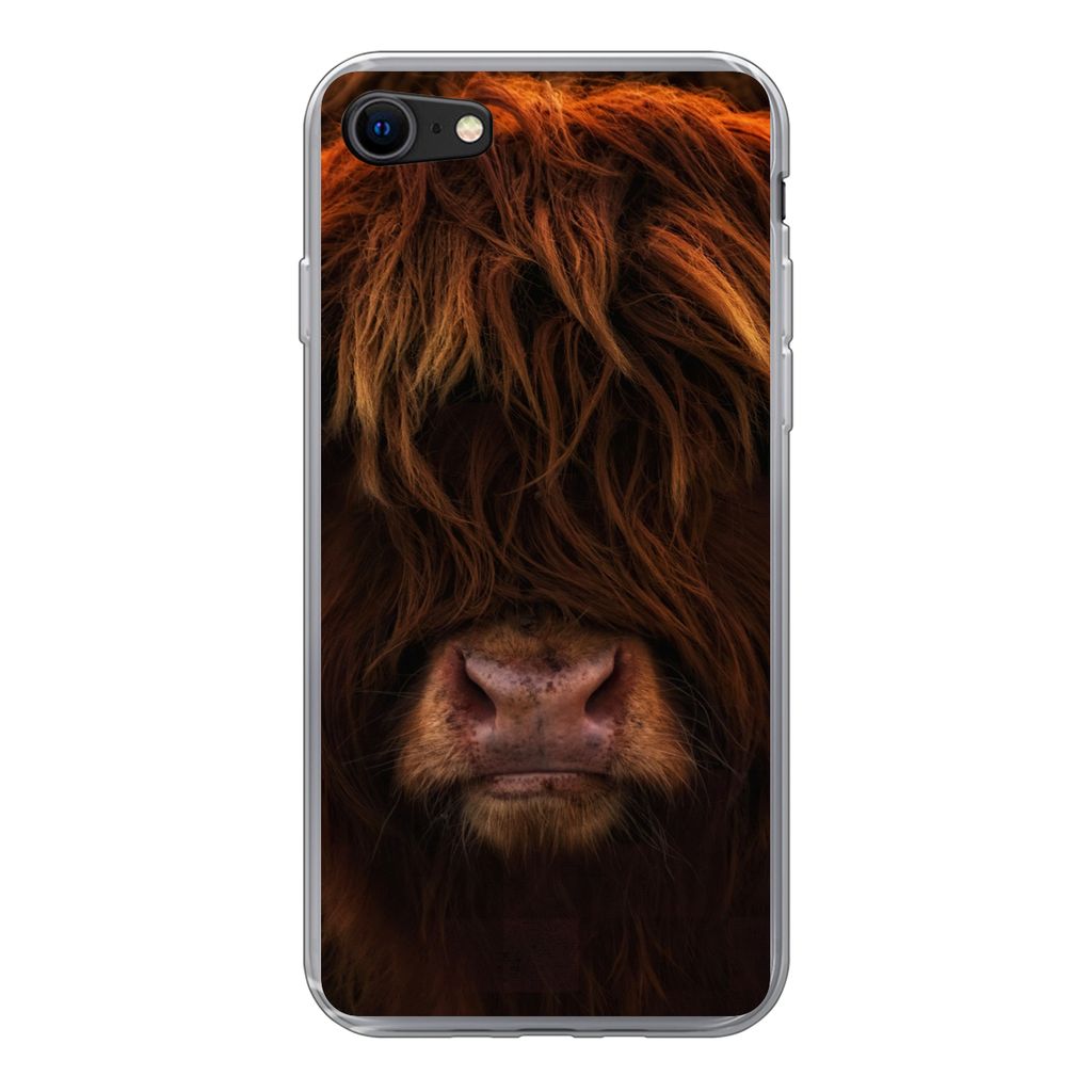 MuchoWow Handyhülle Schutzhülle Hülle für iPhone SE 2020 Schottischer Highlander - Kuh - Schwarz - Porträt Silikon Softcase Handy Hülle - K...