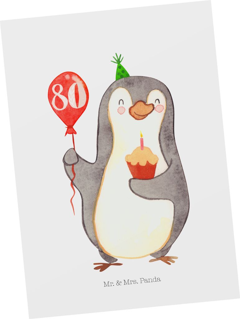 Mr. & Mrs. Panda Postkarte 80. Geburtstag Pinguin Luftballon - Weiß - Geschenk, Kuchen, Ansichtskarte, Happy Birthday, Ansichtskarten, Kerze, Post...