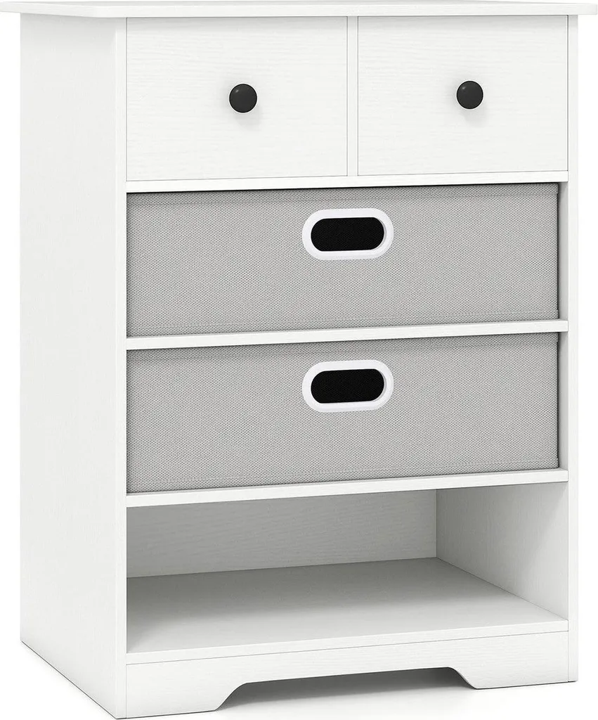 Rangement chambre et bureau, commode blanche 4 tiroirs avec bibliothèque
