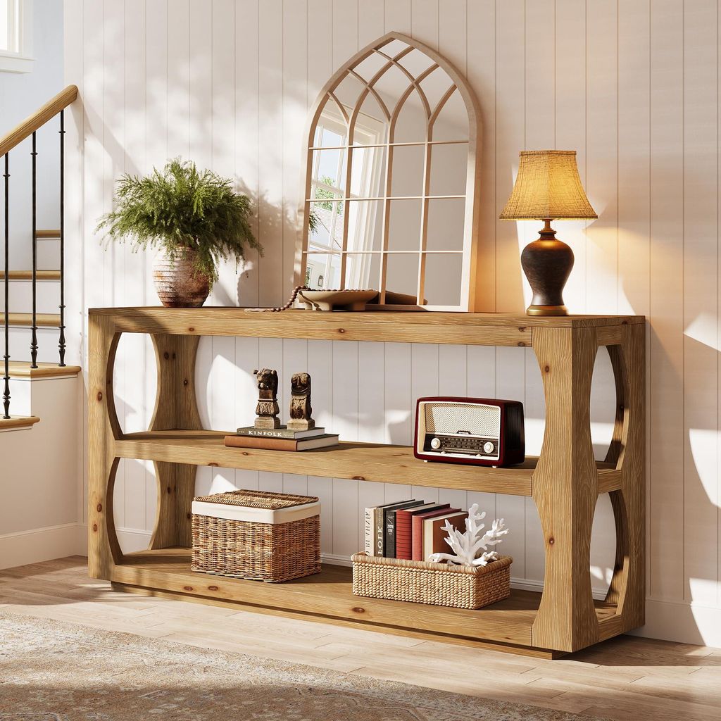 Langer Konsolentisch aus Holz mit 3 Ablageflächen, langer, schmaler Beistelltisch im Landhausstil für Flur, Eingangsbereich, Naturholz-Finish