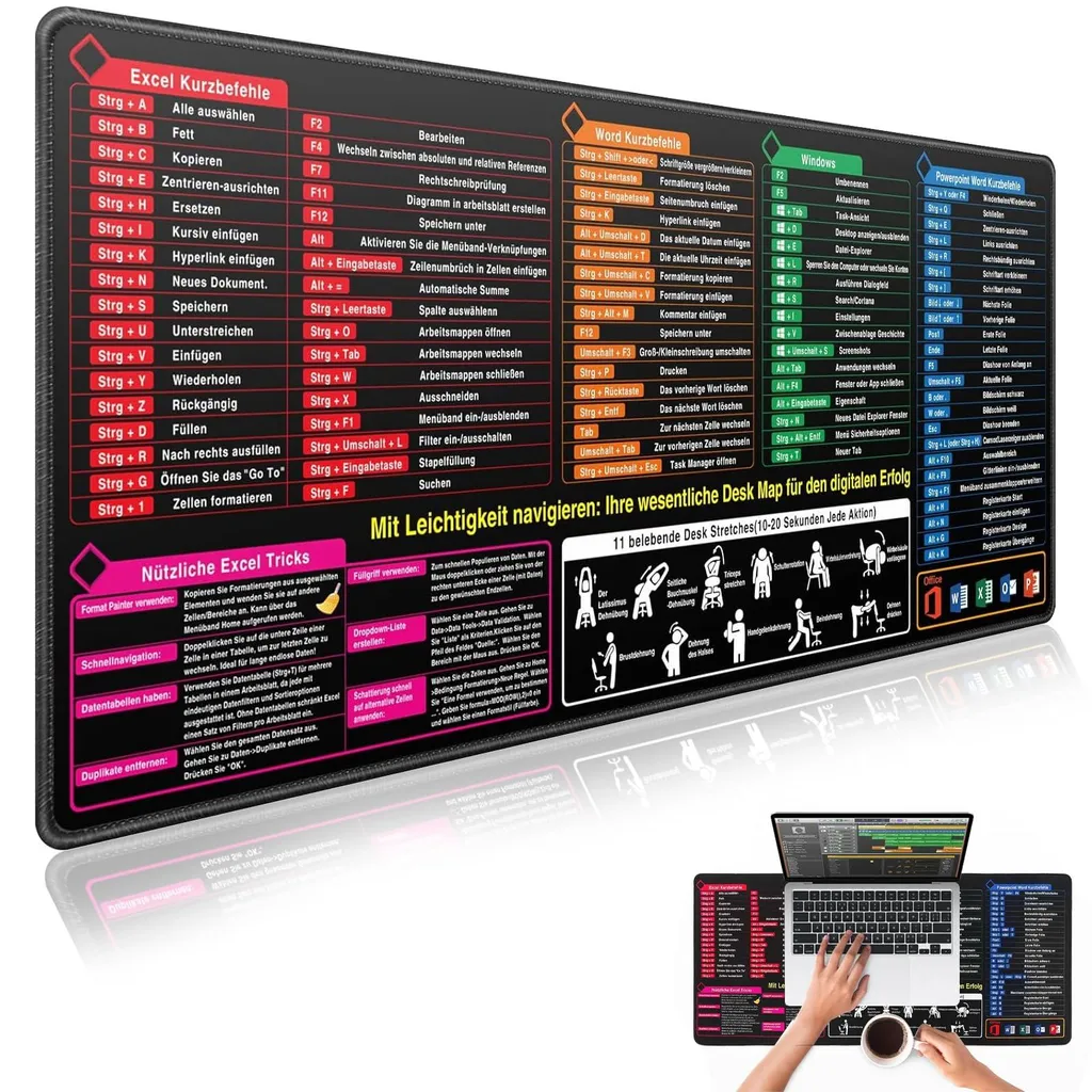 Tapis de souris Excel XL en allemand avec raccourcis Windows et Office