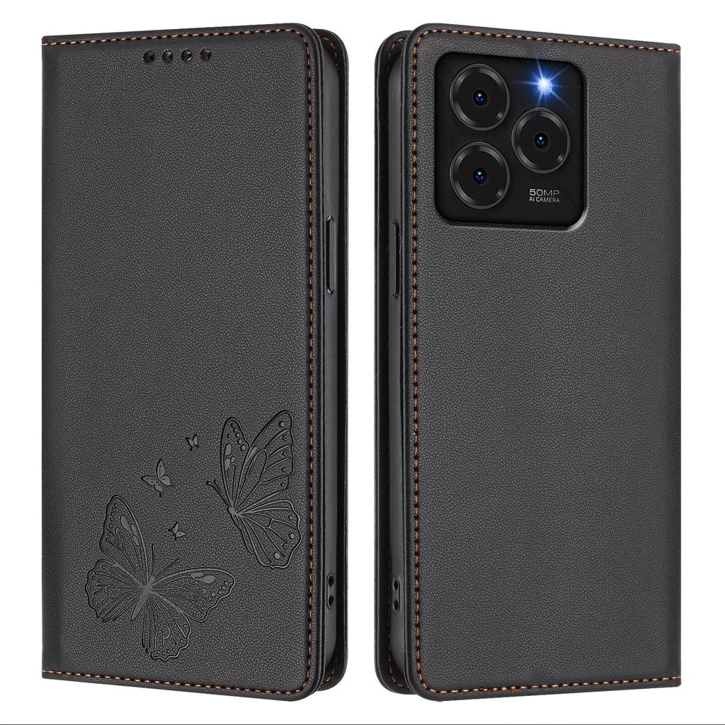Lederhülle für Ulefone Note 20 Pro, Schmetterling Prägung Leder Brieftasche Schutzhülle mit Ständer Schwarz
