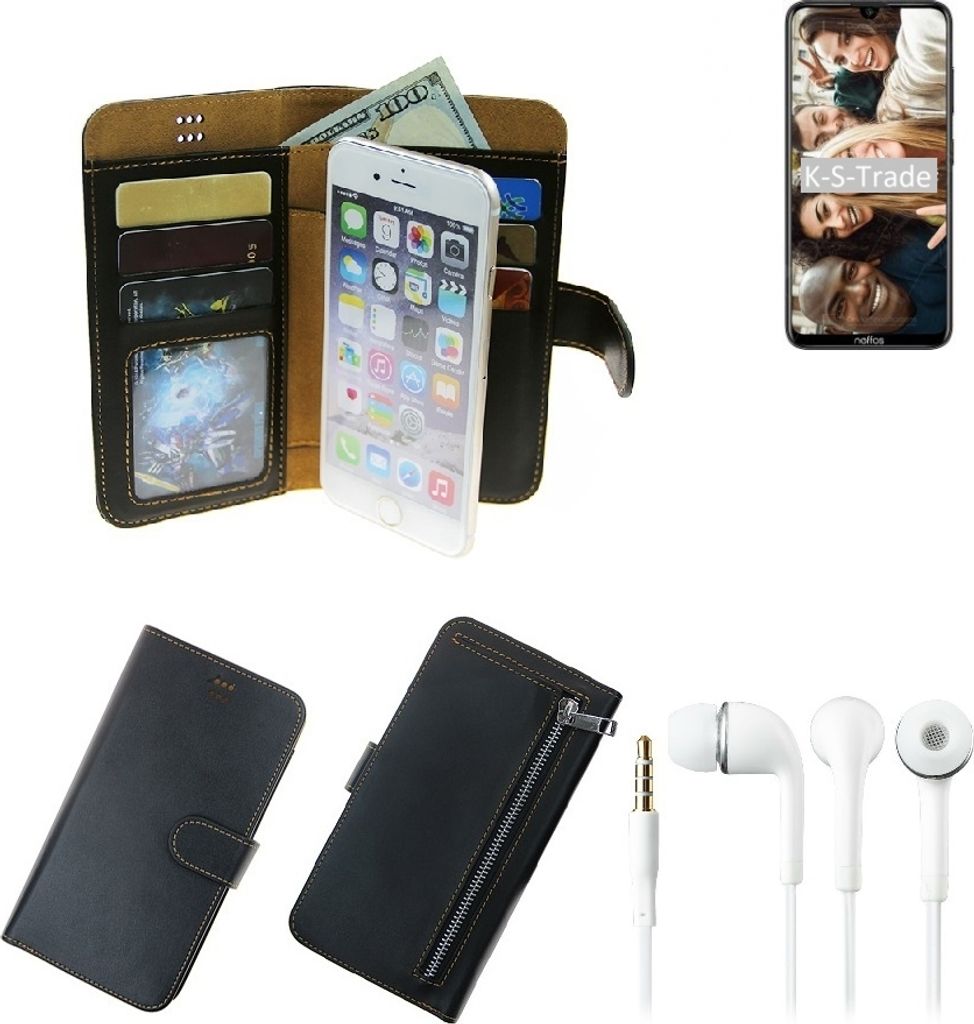 TOP SET Handy Hülle Schutz Hülle kompatibel mit TP-LINK Neffos X20 Pro schwarz aus Kunstleder + Kopfhörer Smartphone Tasche vollwertige Geldbörse