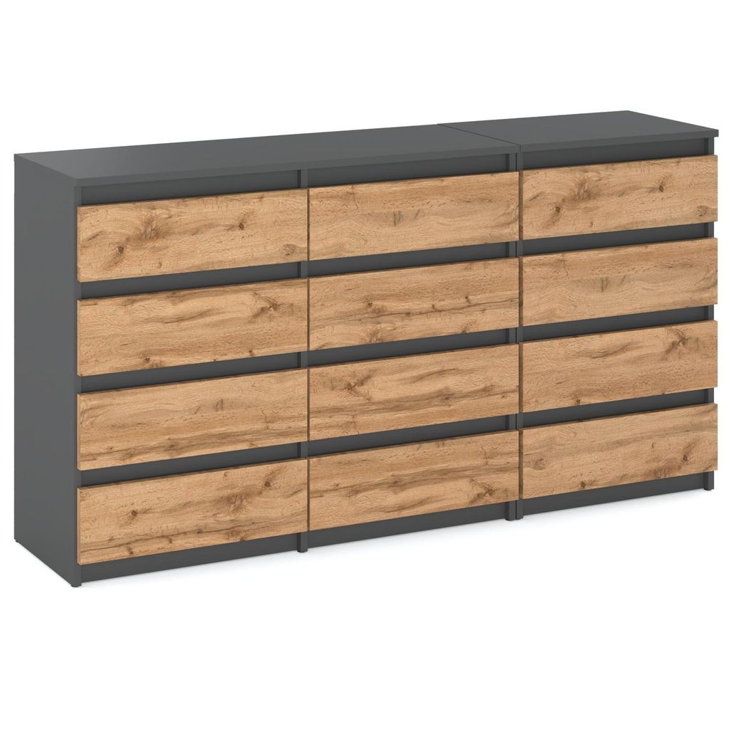A modern dresser with 12 drawers, featuring a matte gray frame and Wotan oak drawer fronts.