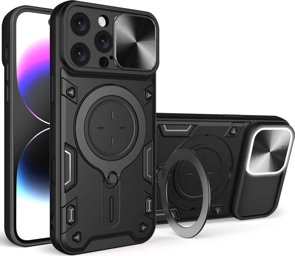 Handyhülle für iPhone 16 Pro Max Dual-Layer Stoßfest Rüstung Hülle mit Dia Kameraschutz und Kreisförmig Ring Ständer Schwarz