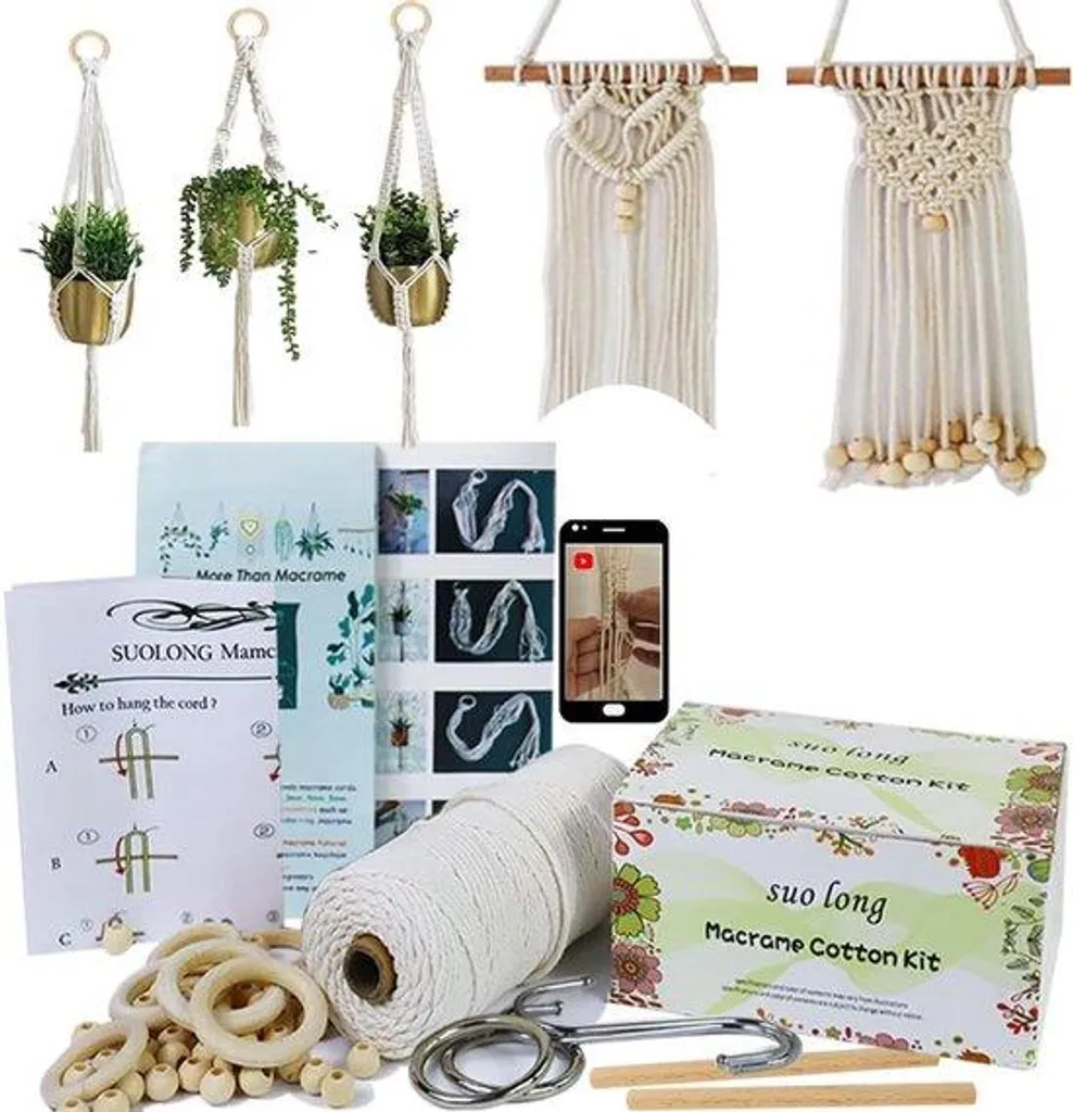 Set de DIY macramé pour suspension plante avec fil coton et accessoires