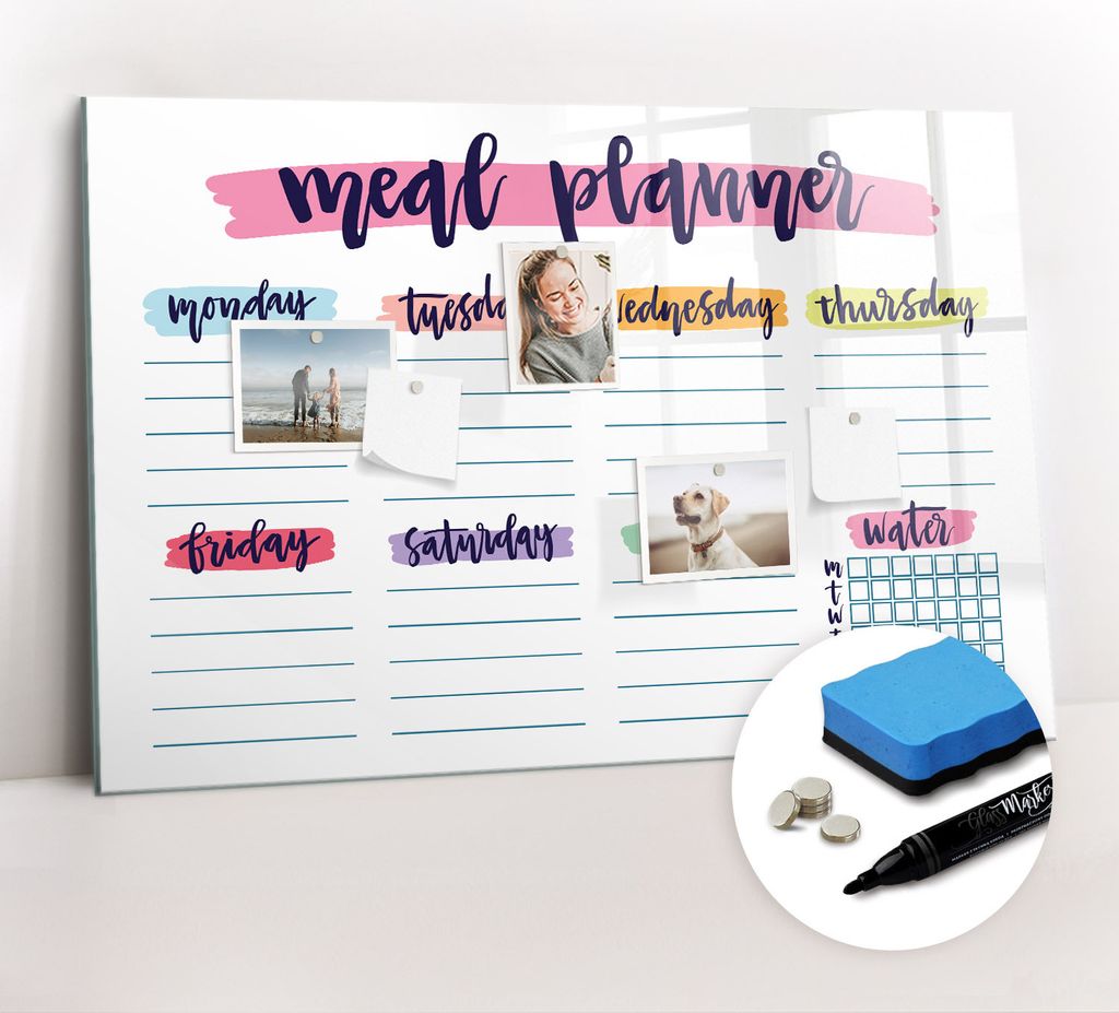 Magnetpinnwand Memoboard - Zubehörsatz - Schwarzer Marker + Schwamm + Magnete - 90 x 60 cm - Wöchentliches Menü