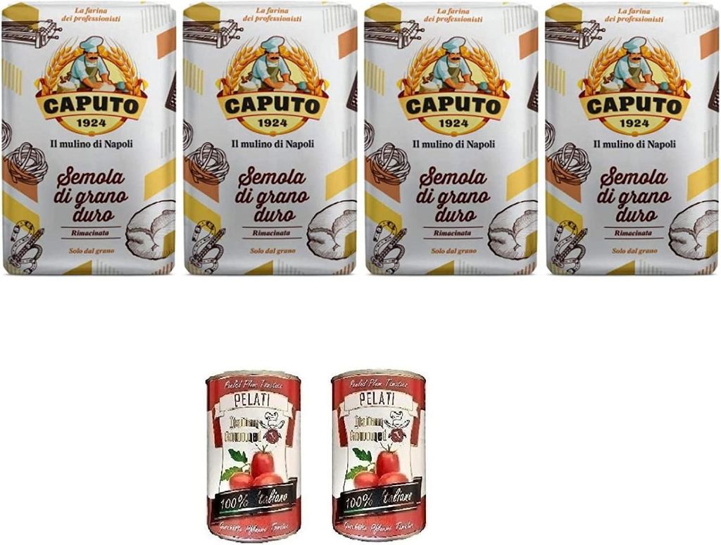 Caputo - Hartweizengrieß - Semola di grano duro rimacinata (4 x 1 kg) + Italian Gourmet 100% italienische geschälte Tomaten dosen 2x 400g