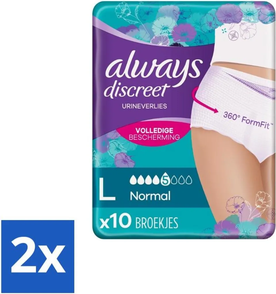 Always – Slip per incontinenza – Per incontinenza urinaria Taglia L – 10 slip per incontinenza - Confezione risparmio - 2 pezzi