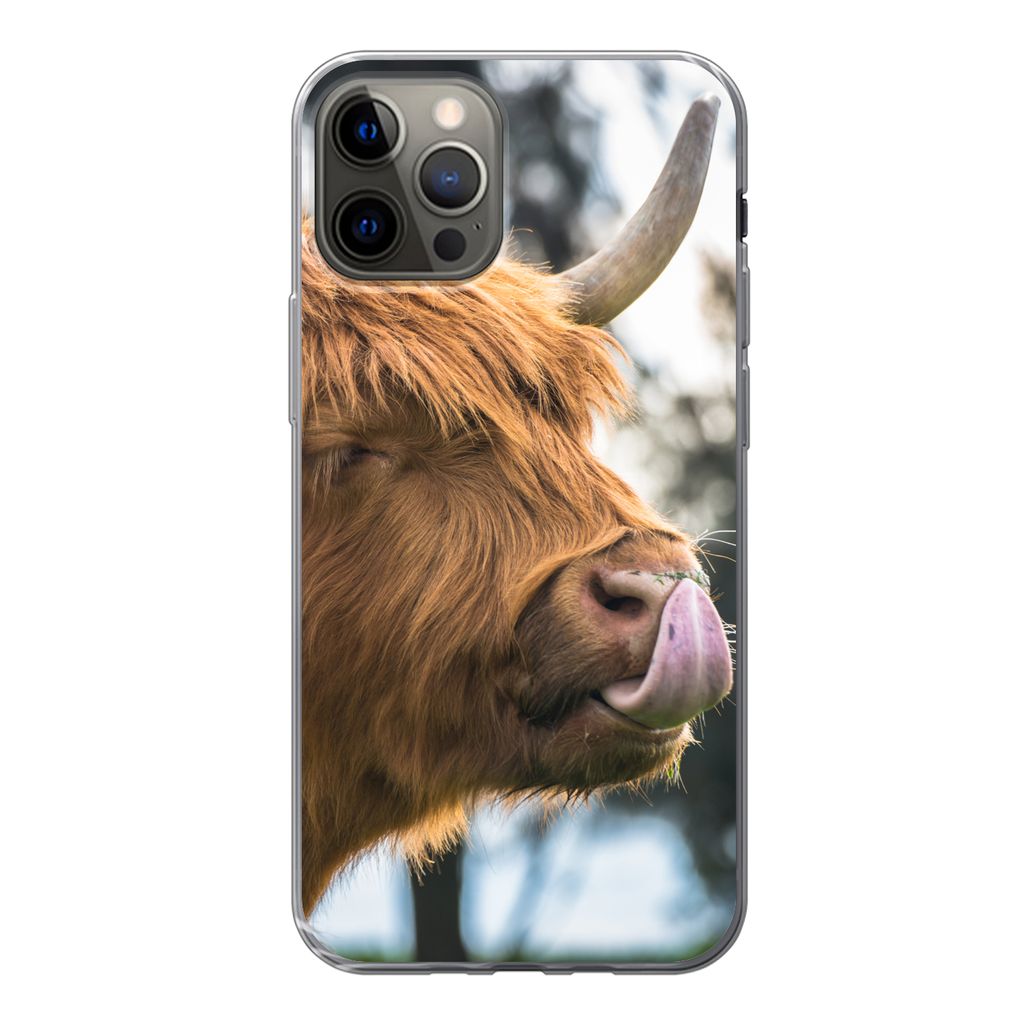 MuchoWow Handyhülle Schutzhülle Hülle für iPhone 13 Pro Schottischer Highlander - Nase - Baum Silikon Softcase Handy Hülle - Handy-Tasche