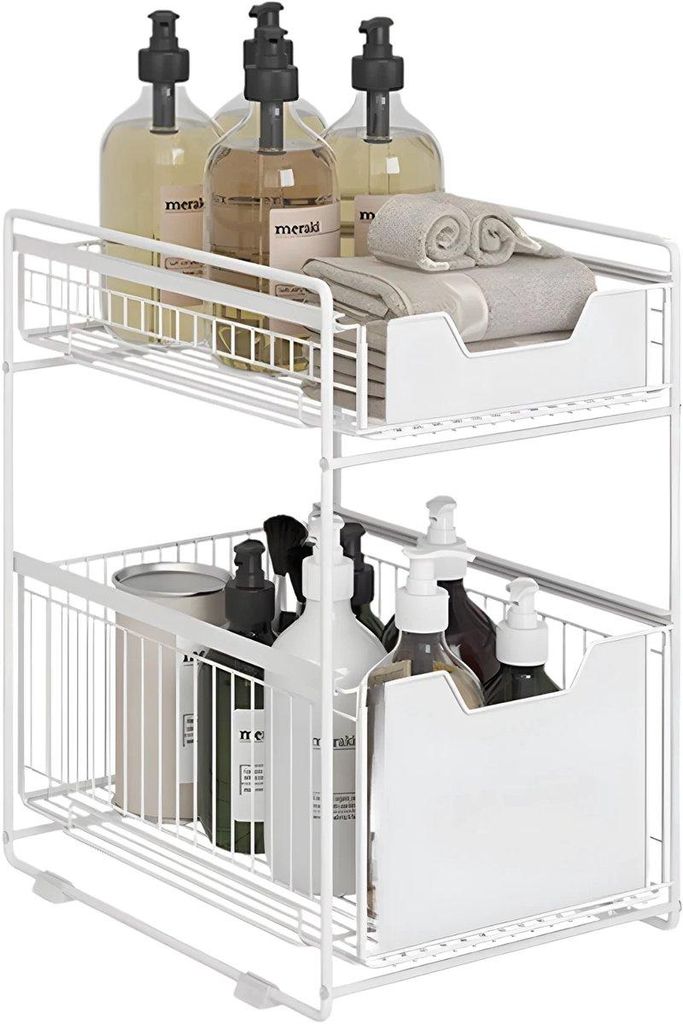 Unterspülen Organizer ausziehbar 2-stöckig Weiß – Schrank Organizer Metall Large für Küche & Badezimmer