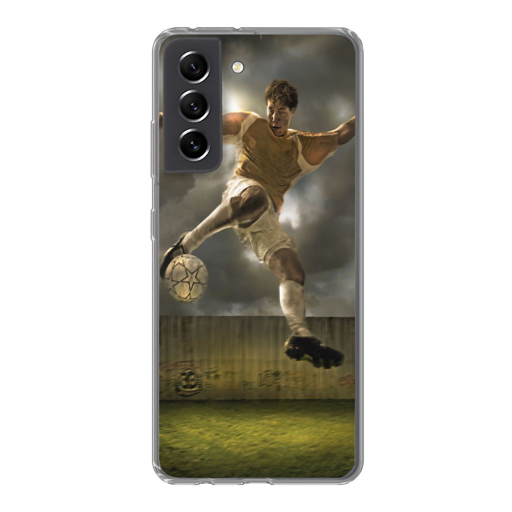 MuchoWow Handyhülle Schutzhülle Hülle für Samsung Galaxy S21 FE Eine Illustration eines Fußballspielers, der den Ball schießt - Jungen - Ki...