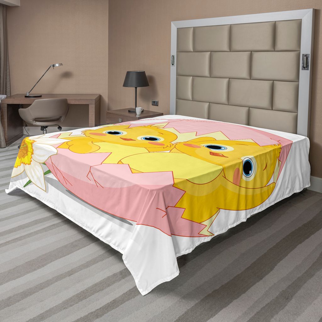 ABAKUHAUS Ostern Bettlaken, Daffodil Flower Petal und 2 Chicks in gebrochenem Ei Cartoon Nursery Themed Drucken, weiches bequemes oberes Bettlaken ...